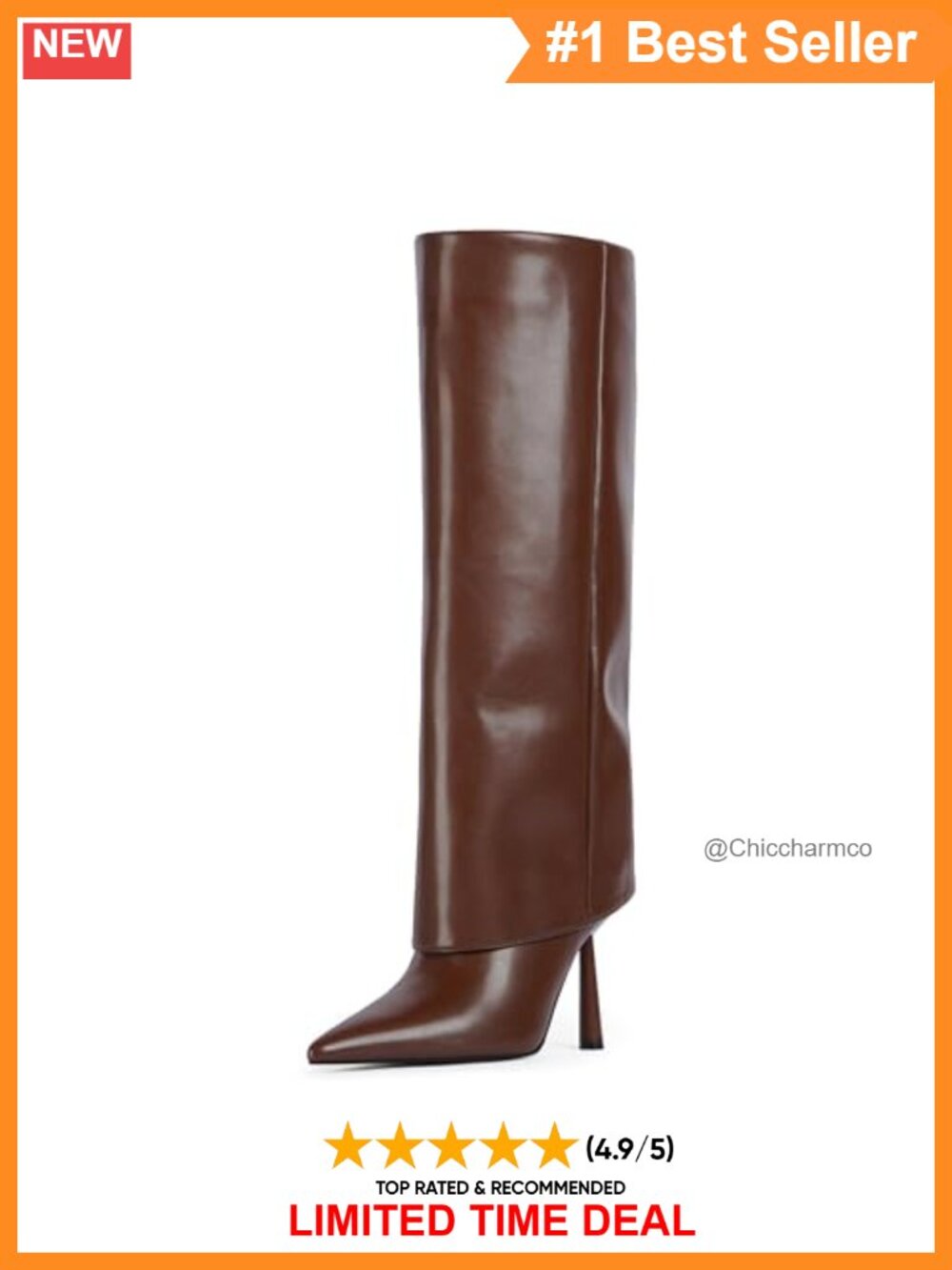 Fold Over Knee High Boots Pointed Toe Stiletto Heel Faux Leather
